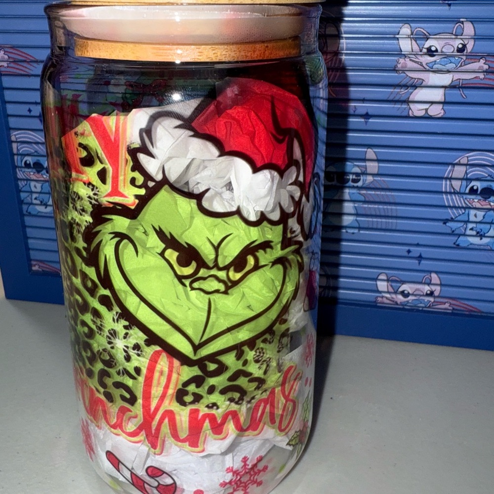Grinch Christmas glass cup 16oz with glass straw